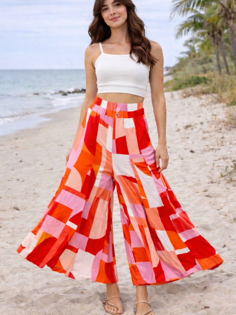 Petal + Pup Wide Leg Pants L Pink Red Orange Geometric High Waist Nwt